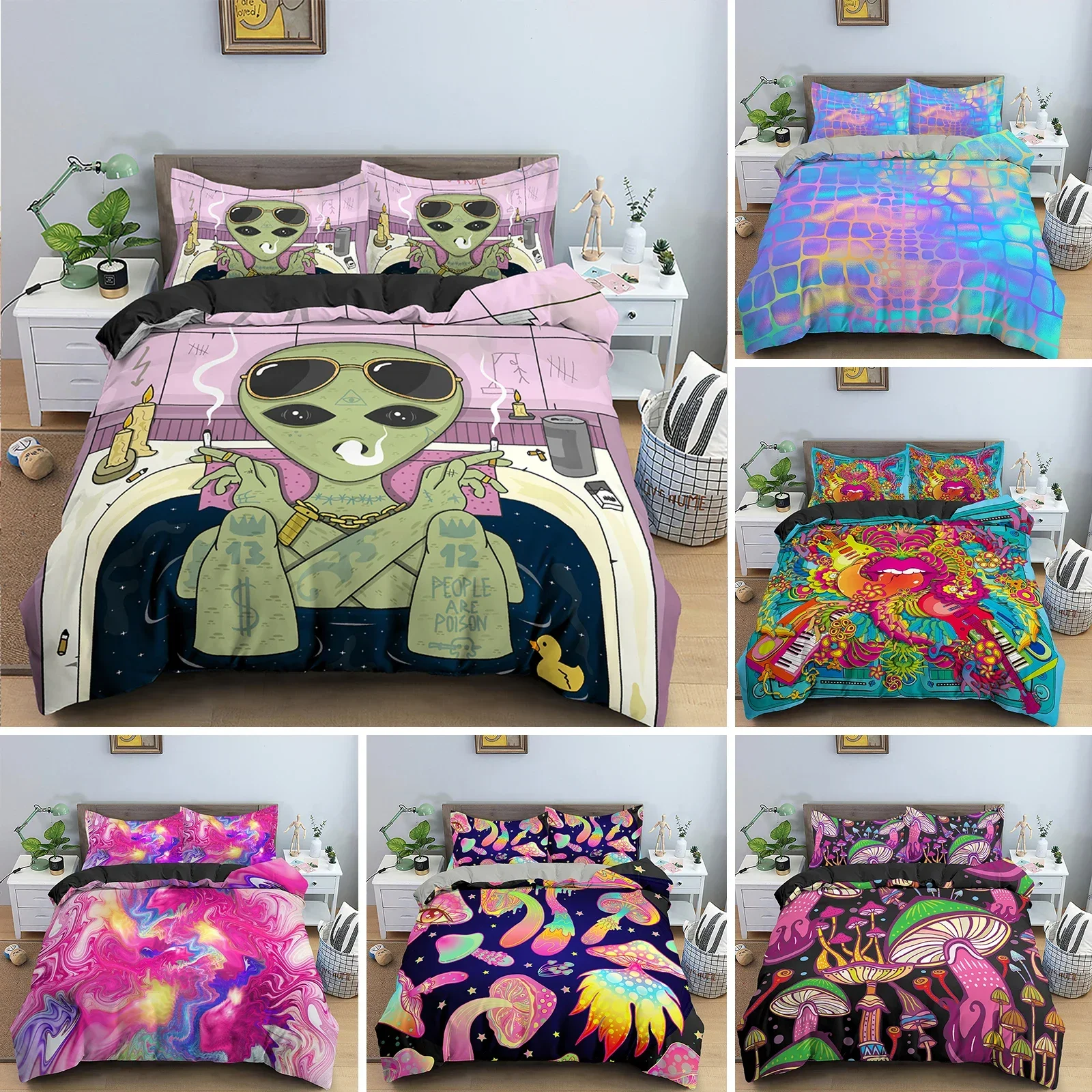 Mushroom Duvet Cover Set Trippy Drawing Hippie Design Psychedelic Bedding Set Comforter Quilt Cover Single Double Queen King