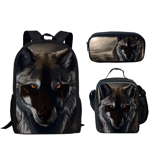 Bolsa escolar lobo e lua 3D para adolescente, animal legal, mochila casual para homens, bolsa de ombro dupla para crianças, mochila infantil, menino