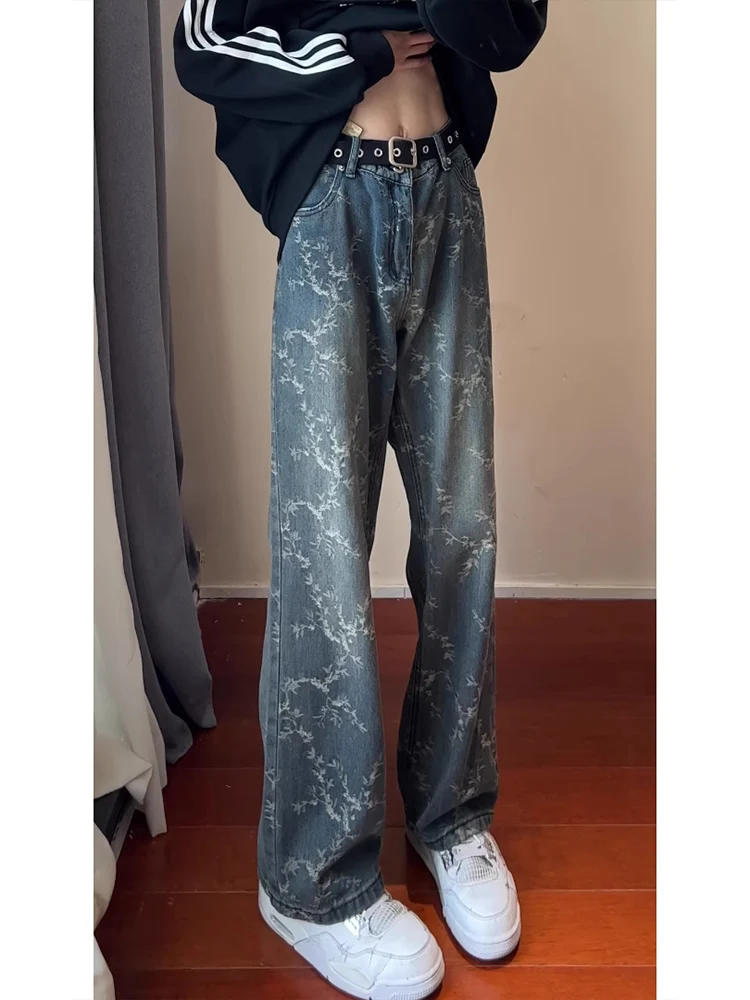 American High Street Vibe Men's Jeans Spring Autumn Winter Straight Leg Slimming Micro Flared Pants Thorn Print Embroidery