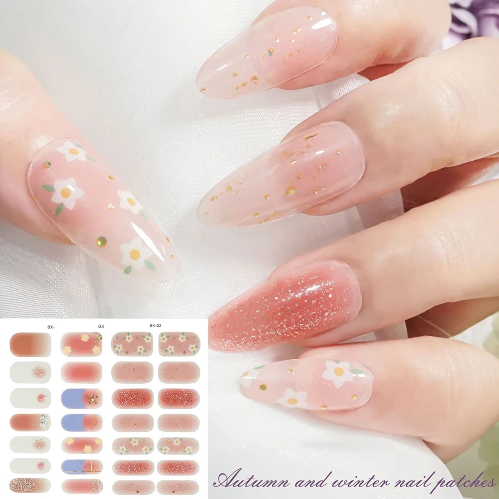 14 Tips Gel Nail Sticker Slider Flower Gold Foil Glitter Back Adhesive Waterproof Gel Nail Sticker UV Lamp Cured Manicure