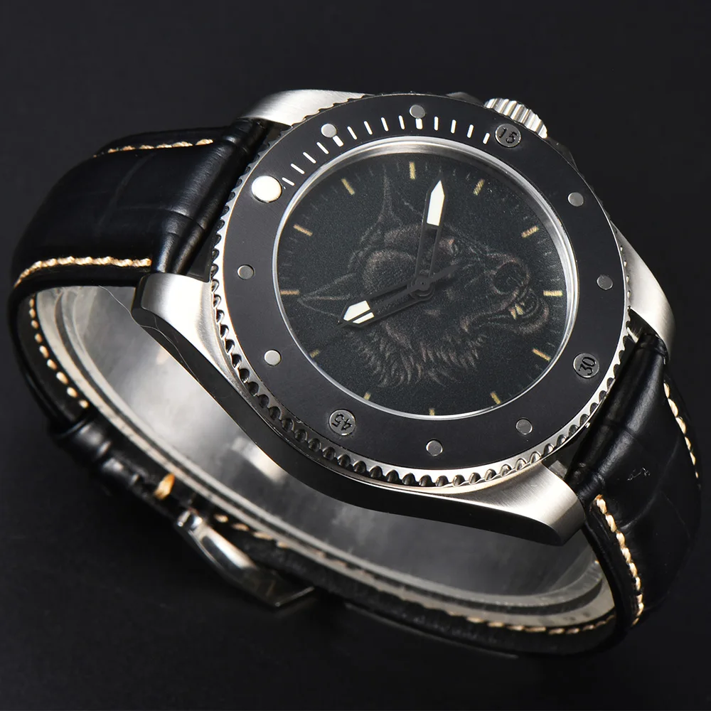 Parnis 43mm Sapphire jam tangan pria otomatis safir kustom Dial gambar Bezel keramik