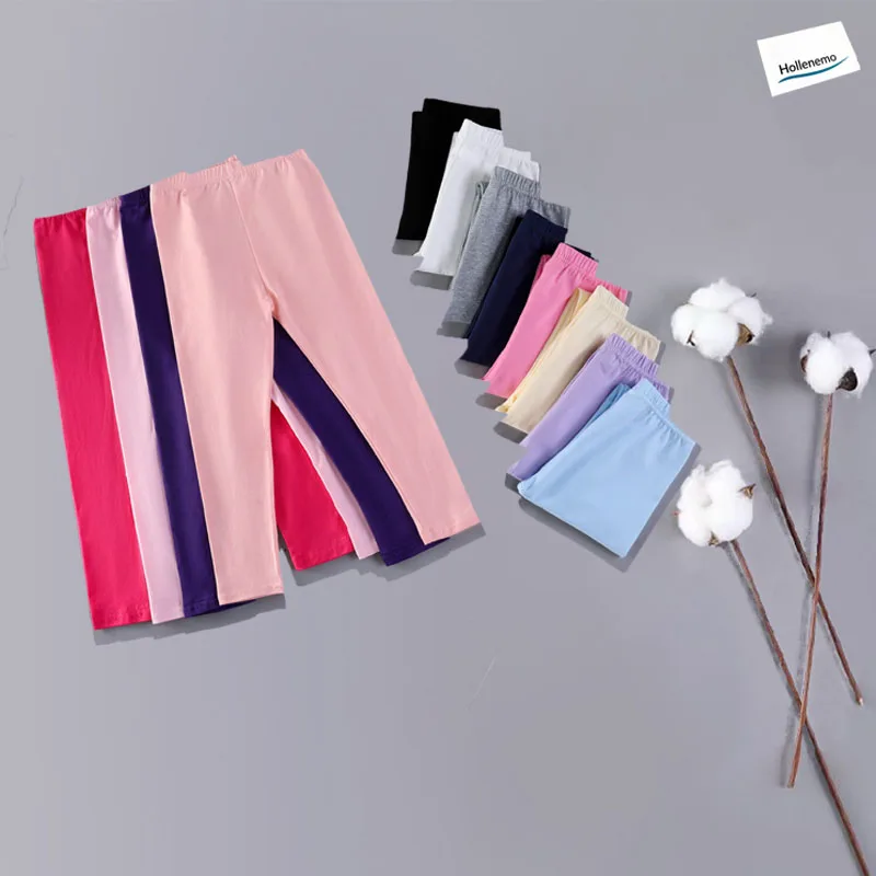 Girls Solid Color Cotton Leggings Elastic Waist Soft Stretchy Slim Long Pants Daily Casual Kids Trousers