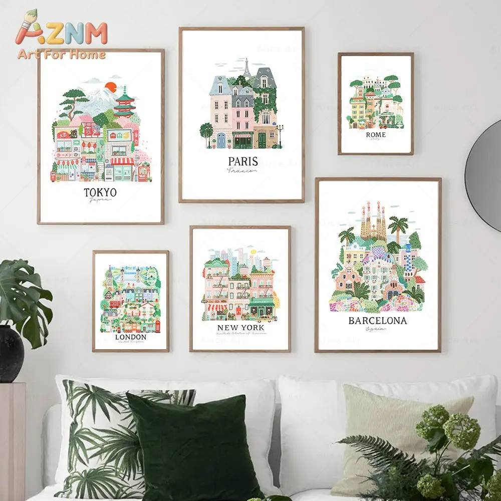 AZNM World Famous City Canvas Wall Art Tokyo Paris New York Barcelona Colorful Landmark Illustration Print Frameless Canvas Pain