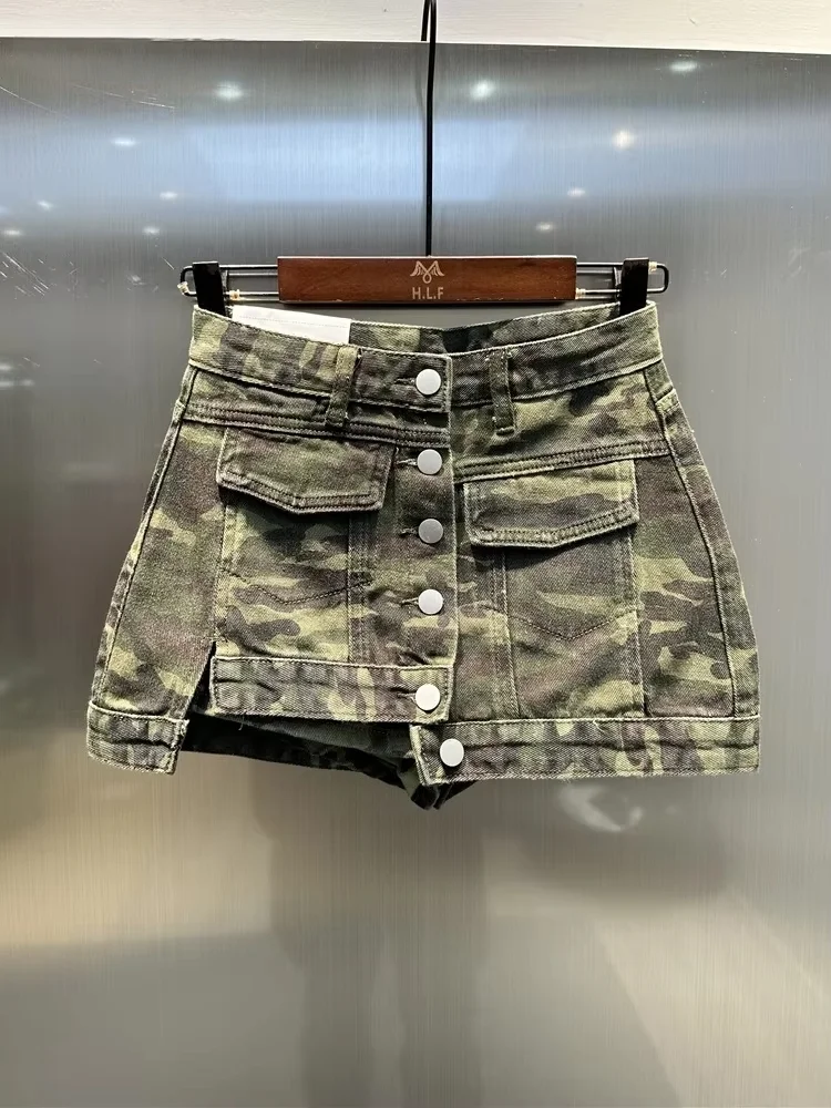 American Single Breasted Camouflage Denim Skirt Women 2026 Summer Asymmetry A Line Hip Wrapped Mini Skirt Street Fashion