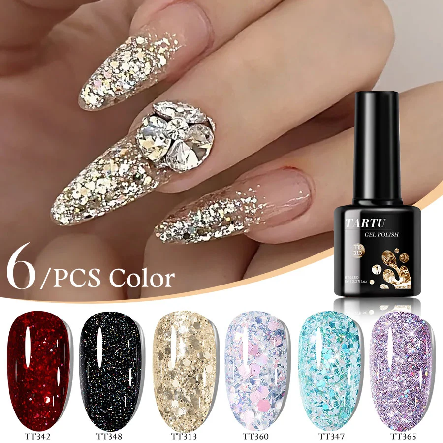 طقم طلاء أظافر جل جيلي جليتر 6 ألوان باللون الفضي والذهبي والأخضر والأبيض والأحمر والأزرق والأرجواني. مقاومة للرطوبة، للأشعة فوق البنفسجية/LED