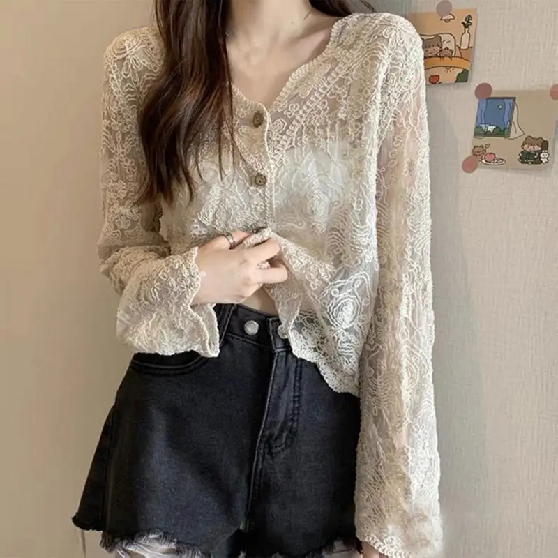 Women Korean Lace Flare Long Sleeve Blouse V-Neck Button Down Cropped Cardigan Hollow Crochet Floral See Through Thin Shirts