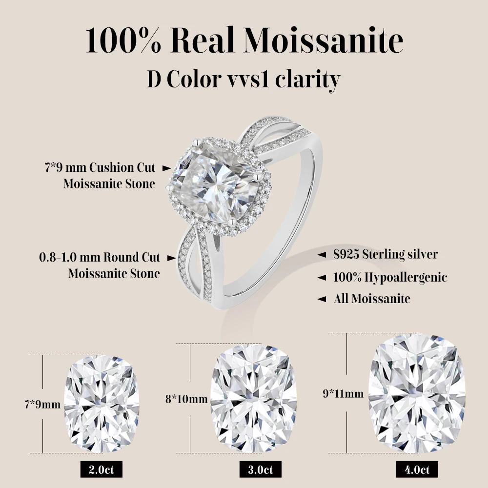 MintyBox Cushion Cut 2ct Moissanite Rings Twist Shank S925 Sterling Silver Luxury Engagement Wedding Band Jewelry Gift for Women