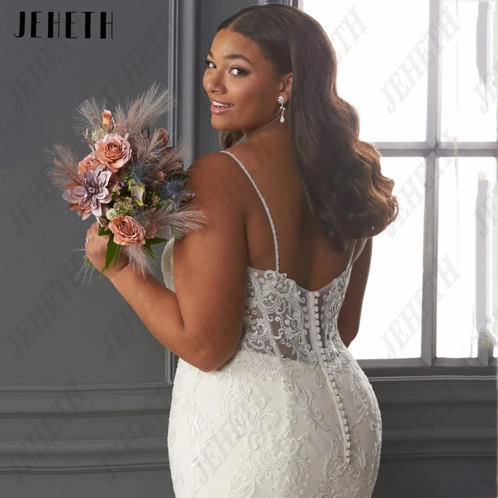 JEHETH Plus Size Wedding Dresses Spaghetti Straps Sleeveless Sweetheart Bride Gowns Mermaid Tulle Applique vestidos de novia