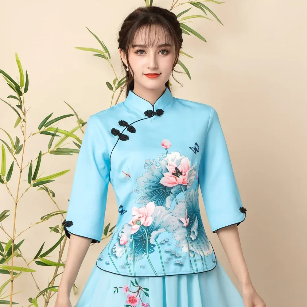 2023 Two Piece Cheongsam Chinese Dress Elegant Vintage Floral Print Modern Cheongsam Women Daily Qipao Dress Traditional Clothes