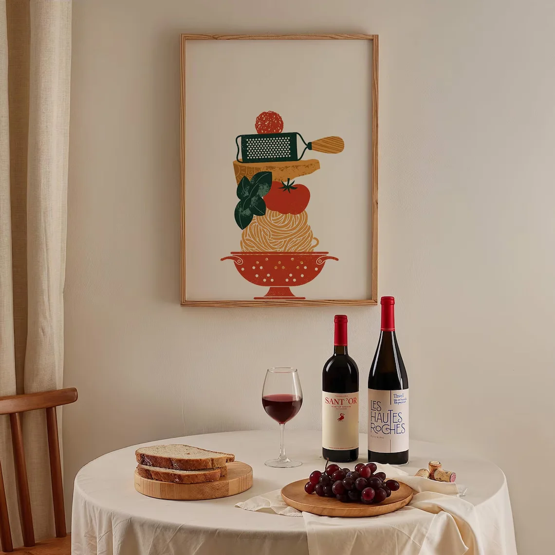 Cozy Pasta Night Wall Art - Playful Graphic Print Celebrating the Joy of Italian Cooking. The Bold, Simplified Shapes and Vintag