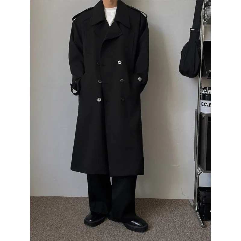 Men's Korean Fashion Long Trench Coat – Slim Fit Double-Breasted Overcoat with Notched Collar & Shoulder Details Outerwear