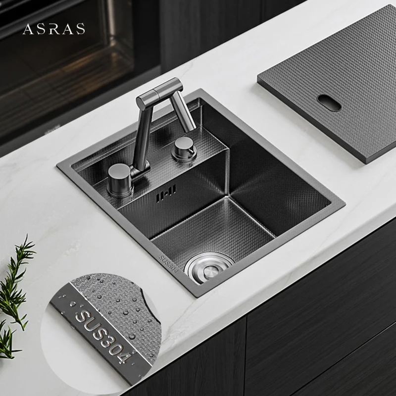 ASRAS New Nanometer Rice Grain Embossing Hidden Island Kitchen Sink SUS 304 Stainless Steel Handmade Bar Counter Kitchen Sinks