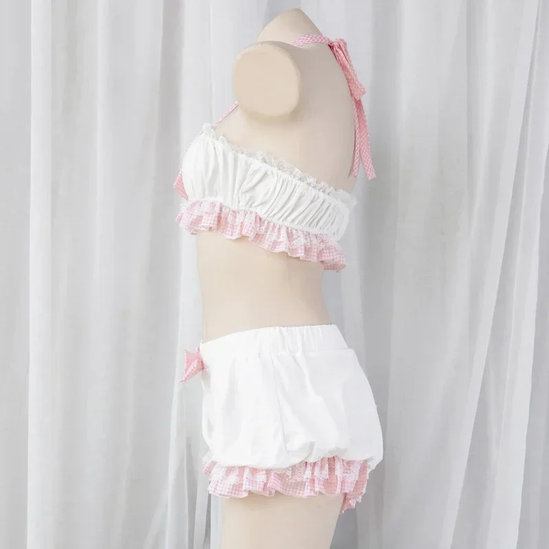 Lolita Cute Girl Ruffles Women Kawaii Maid Outfit Sweet Sexy Sleepwear Servant Cosplay Costumes Bow Lace Tops and Bloomers Set