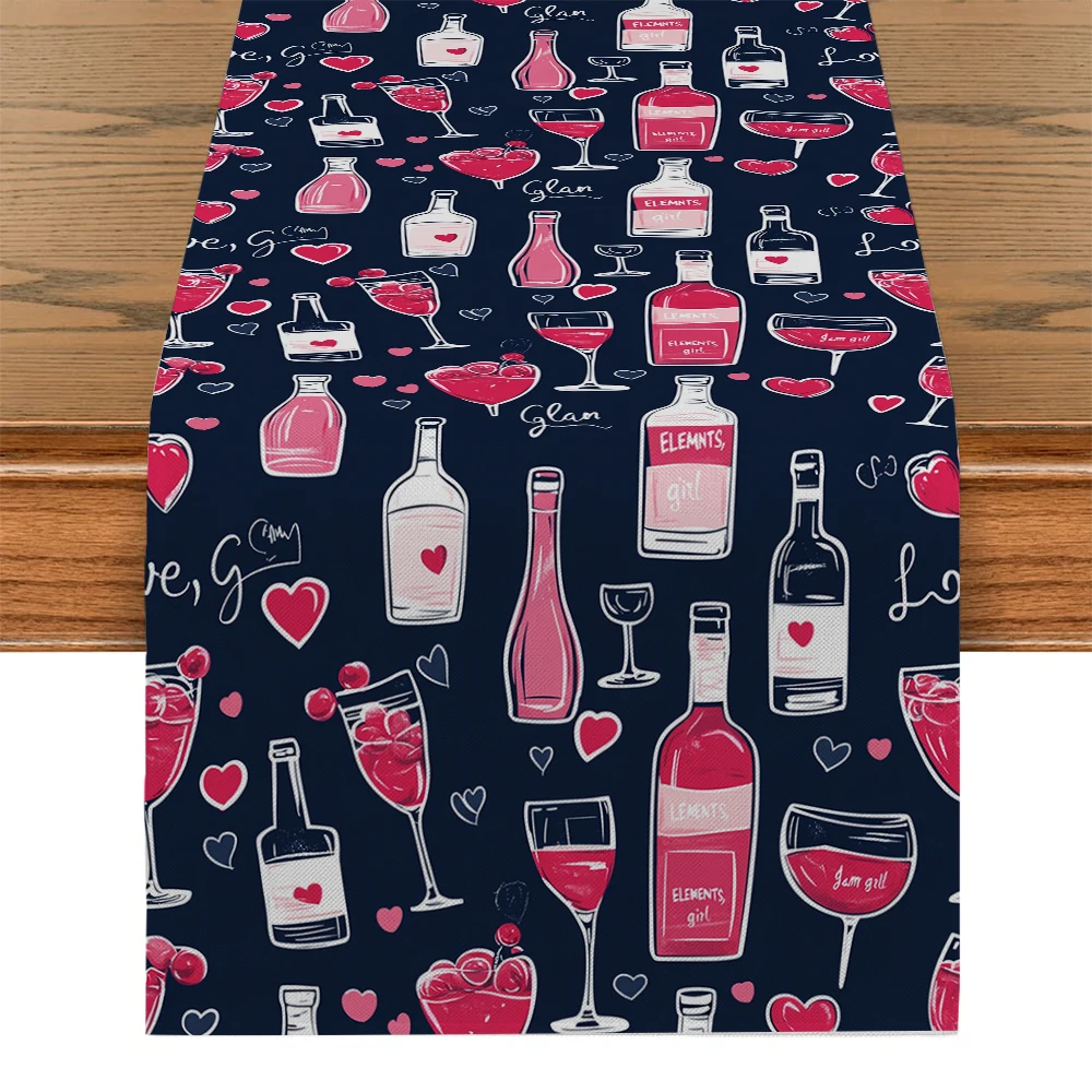 Valentine's Day Wine Bottle Wine Glass Love Table Runner Polyester Table Runners for Dining Room Cottagecore Polyester Table