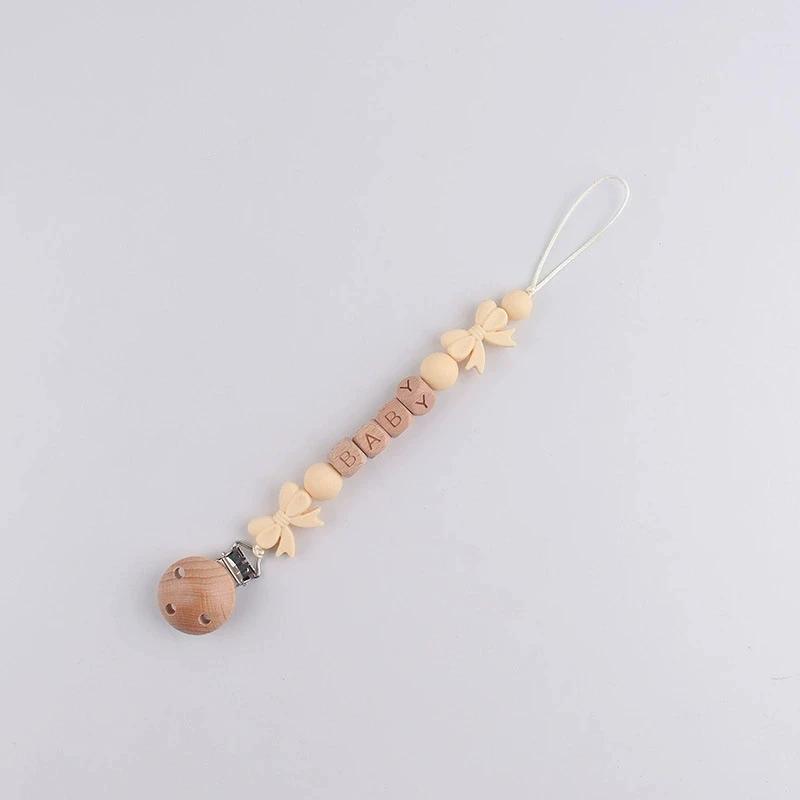 Anpassbare Namens-Baby-Schnullerkette aus lebensmittelechtem Silikon mit Schleife, Anti-Verlust-Clip und Beißspielzeug-Lanyard für Neugeborene