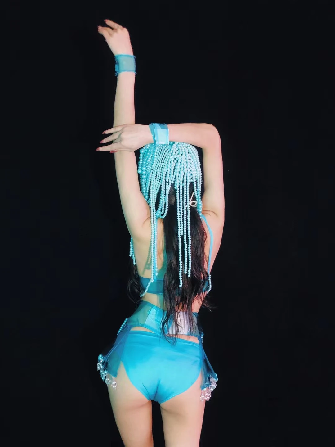 Sexy Rhinestone Pearl Blue Transparent Bikini Skirt Outfit Women Dancer Stage Wear Show Nightclub Bar Performance DS Costume