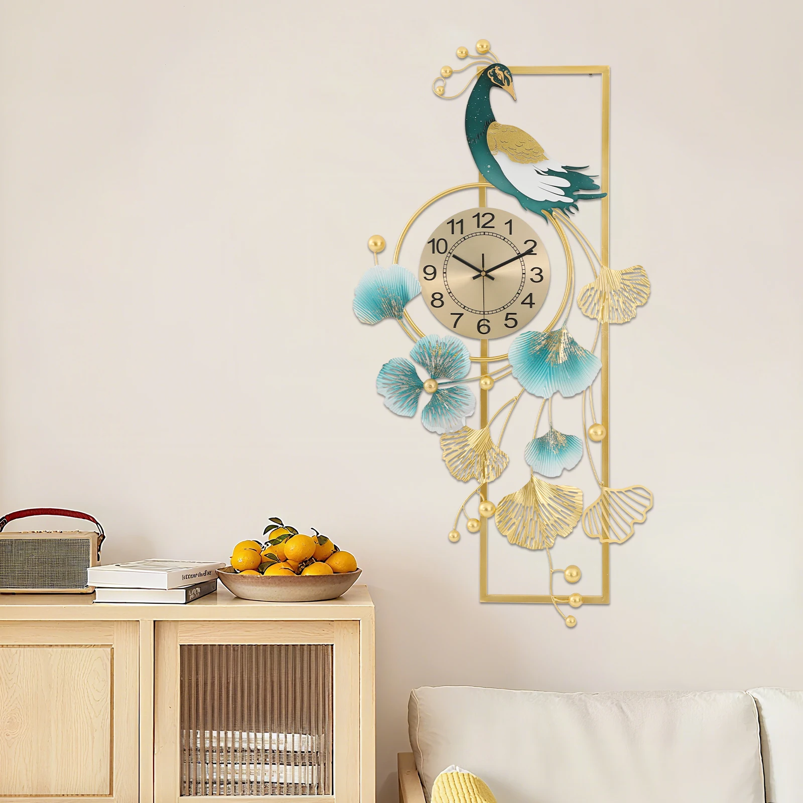 

Gold Metal Wall Clock,Peacock&Ginkgo Leaves Wall Clock, Battery Powered Wall-Mountedl Clock for Bedrooms,Dining Rooms