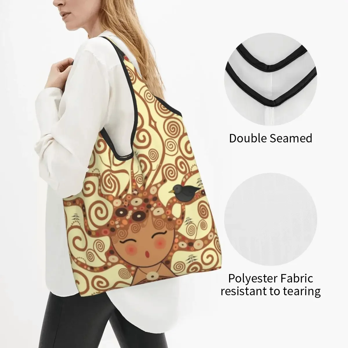 Cute Print Kokeshi Tree Of Life Shopping Tote Bag Portable Shopper Shoulder Stoclet Frieze Gustav Klimt Handbag