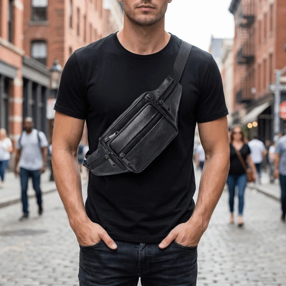 Adjustable Strap PU Leather Waist Bag Soft Multi Pockets Fanny Pack Dual Purpose Lightweight Crossbody Chest Bag Running