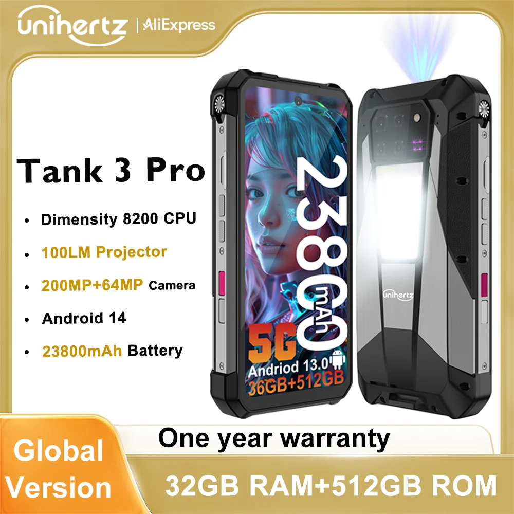 Unihertz Tank 3 Pro 8849 Rugged 5G Phone with 100 Lumens Projector Android 14 32GB 512GB 23800mAh Waterproof Phone WIFI 6 NFC