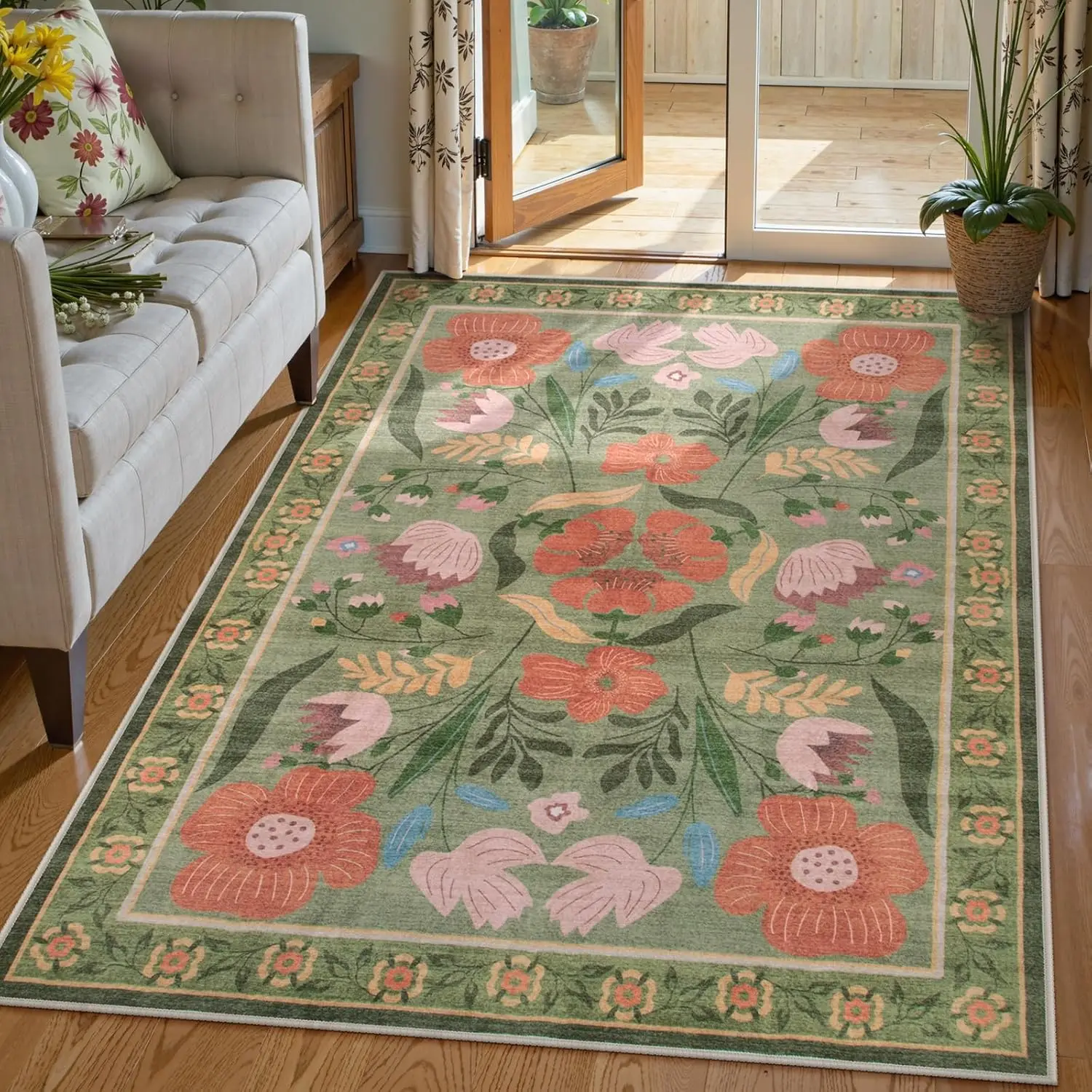 

Зеленые коврики Beeiva, коврики для гостиной с цветочным рисунком, которые можно стирать в машине, нескользящие, не линяющие, ультратонкий ковер с цветком для гостиной