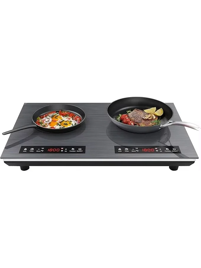 Built-In Electric Double Induction Hob 3600W Stainless Steel Panel 2 Ring Touch Sensor 10 Levels Safety Lock 3-Hour Timer
