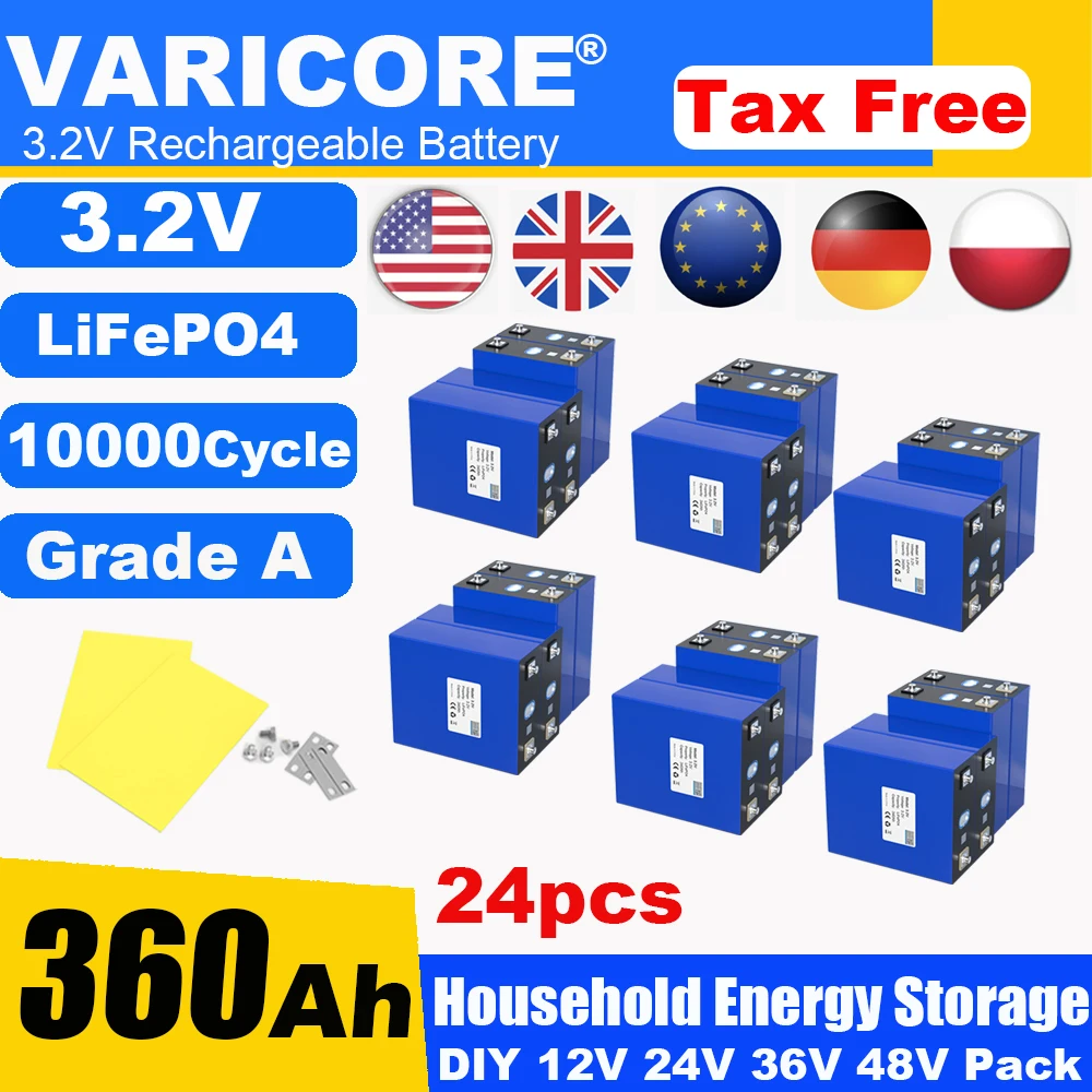 

24pcs Grade A 3.2V 360Ah LiFePO4 Battery Lithium Iron Phosphate for 12v 24v 36v Travel Solar Campers Golf Cart Yacht Tax Free