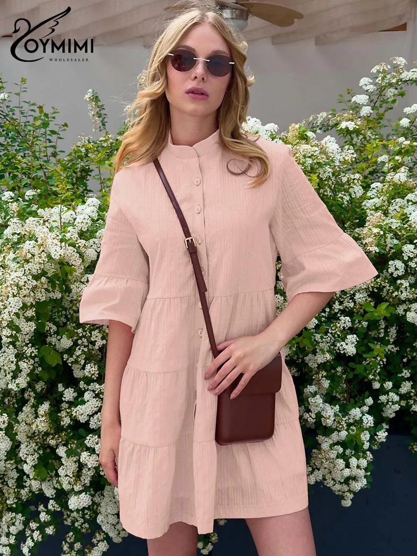 

Oymimi Casual Pink Cotton Dresses For Women Fashion O-Neck Half Sleeve Single Breasted Dresses Elegant A-Line Mini Dress Female