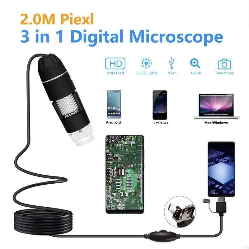 H58b Microscope Accessories 3in1 USB Type-C Micro-USB 1000X Microscope 1080p 2mp