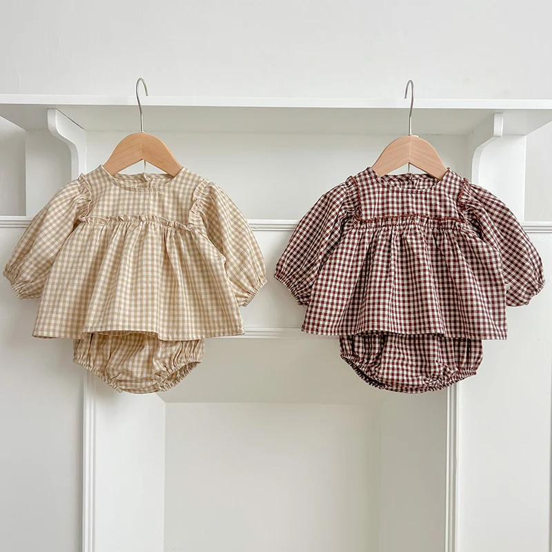 Baby Mädchen Anzug Baby Mädchen Kleidung kleine karierte Säuglings mädchen Kleidung Set Puff ärmel Bluse Bloomer Anzüge 2 stücke Kleinkind Kleidung
