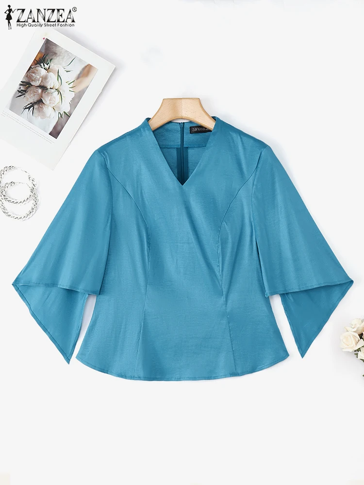 ZANZEA 2025 élégant col en V bureau Blouse automne solide chemise femmes élégant Satin hauts manches évasées irrégulières Blusas femmes chemises