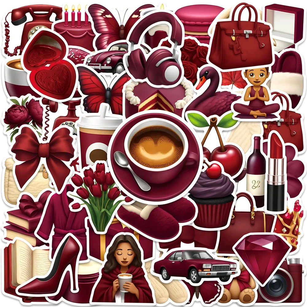 10/30/50pcs INS Red Retro Graffiti Stickers Aesthetic Cartoon Decals DIY Notebook Scrapbook Laptop Cute Decoration Sticker Packs