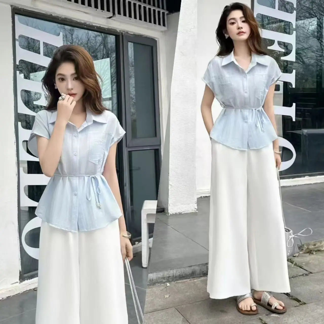 

Summer Elegant High Waist Wide Leg Pants Set With Stylish Blouse