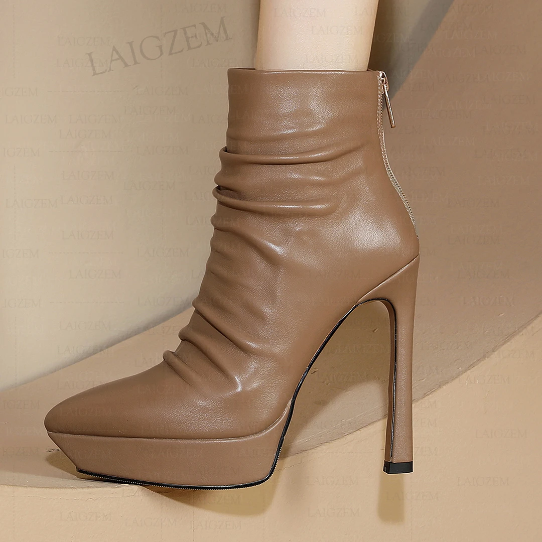 LAIGZEM Women Ankle Boots Real Leather Poindted Toe 12.5CM Back Zip Up Thin High Heels Short Boots Shoes Woman Size 33 38 40 41