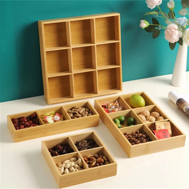 Creative Nine-square Grid Tray Hot Pot Side Dish Plate Divider Tray Bamboo Snack PlatePlatter Wooden Box Saucer Tray