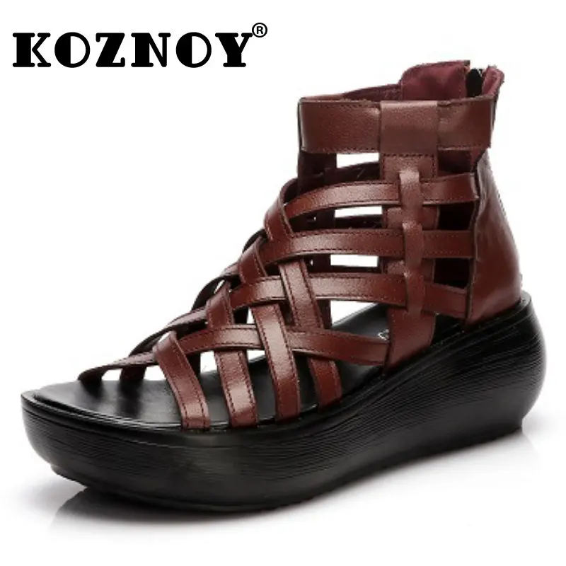 Koznoy New In Women Boots 5cm Genuine Leather Classic Basic Ladies Platform Wedge Ankle ZIP Summer Sandals Slippers ROME Shoes