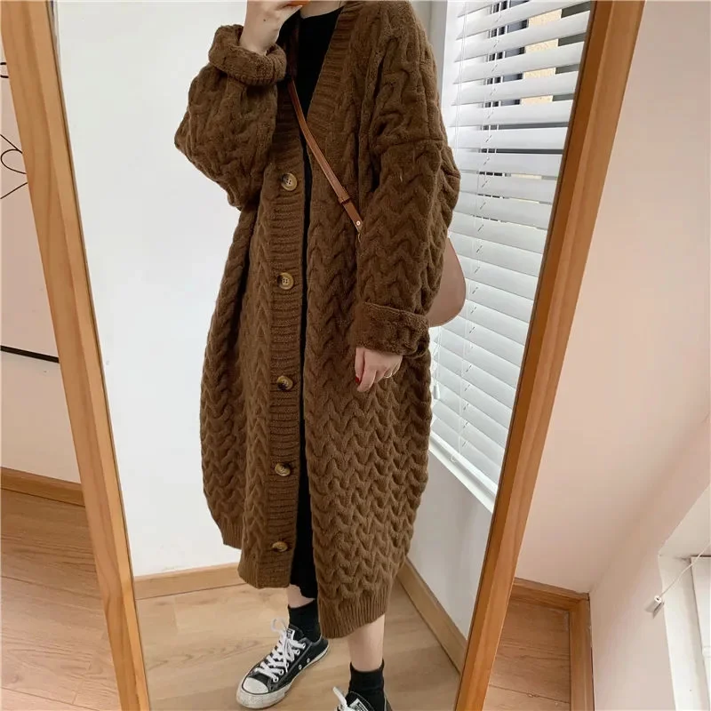 2023 New Simple Versatile Retro Knitted Cardigan Women Autumn Winter Outwear Thickened Loose Lazy Style Mid Length Sweater Coat