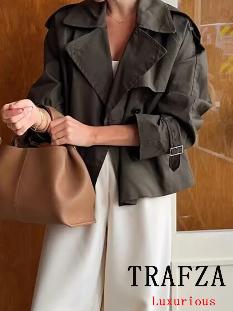 TRAFZA Vintage Casual Chic Women Jackets Solid Double Breasted Turn-down Collar Long Sleeve Short Coat Fashion 2024 Autumn Coat