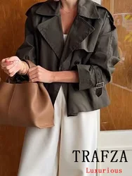 TRAFZA Vintage Casual Chic kurtki damskie jednolita, dwurzędowa skręcić w dół kołnierz z długim rękawem krótki płaszcz moda 2024 płaszcz jesienny