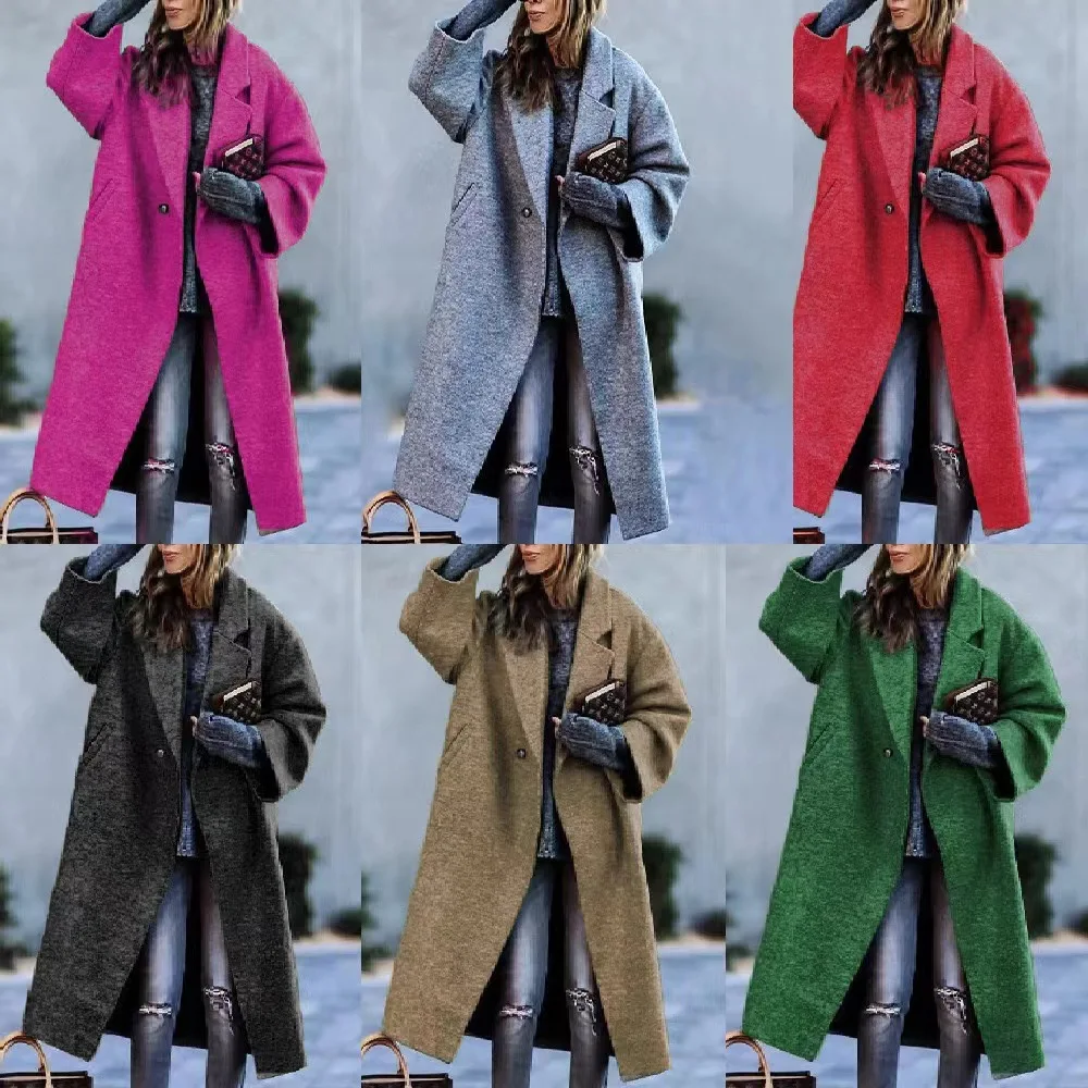 2025 Autumn Winter New Multi Color Options Long Wool Blend Coat Women Fashion Loose Slim Solid Color Warm Outerwear