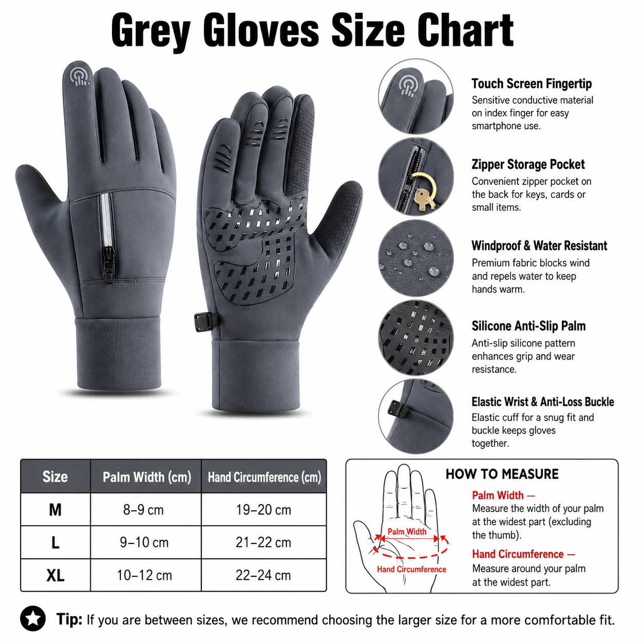 Graue Winterhandschuhe Touchscreen-fähig Warm Rutschfest Wasserdicht Winddicht Outdoor-Handschuhe für Radfahren Laufen Wandern – Detail 2