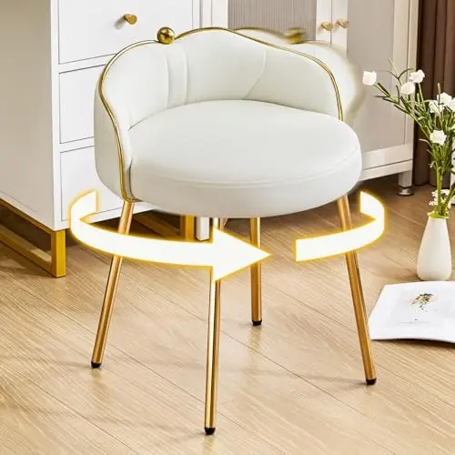 Cute Vanity Chair with Low Back, Small Makeup Desk Chair No Wheels, Modern Armless Leather Swivel Vanity Stools with