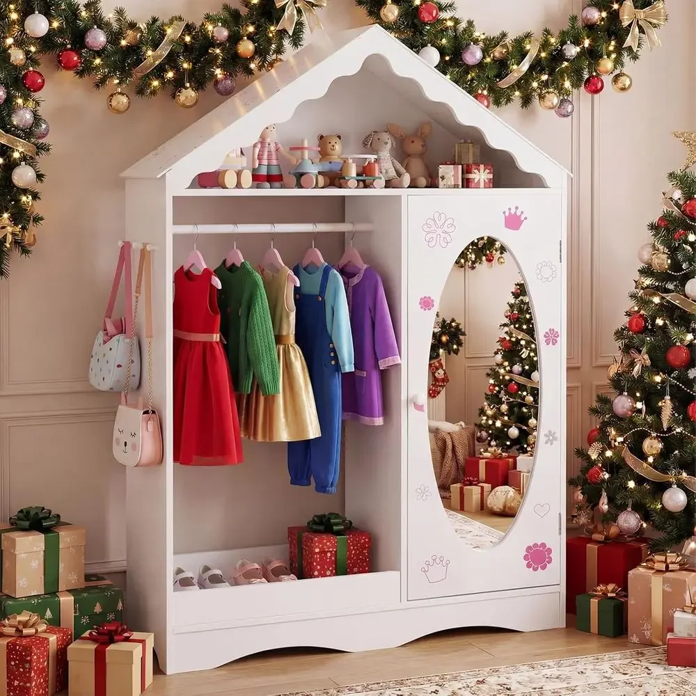 

DrUp Storage, Kids Wardrobe with Mirror, House-Shaped Kids Drer, Rootop PrincToddler Wardrobe or Little Girls, w/Hanging Rod & S