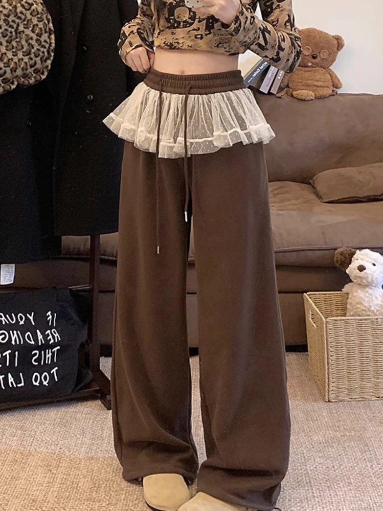 Lace Splicing Wide Leg Pants For Women Drawstring Elastic Waist Design Spring Autumn Loose Style Straight Casual Sports Pants