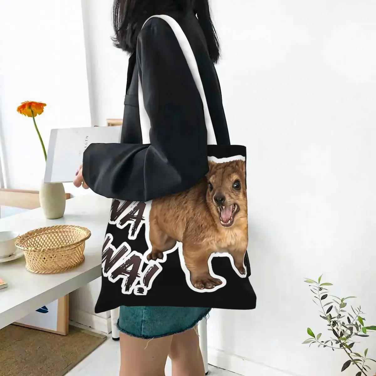 Awawa Angry Screaming Rock Hyrax Meme Shopping Bags Canvas The Tote Bag Foldable for Ladies Shoulder Tote Travel Handbag