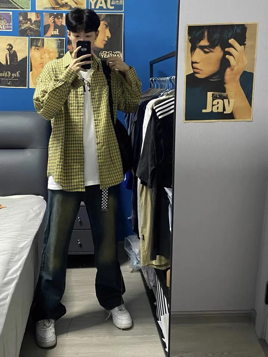 

American Sle Plaid irt Loose Casual ex Spring Autumn New Faion Outerwear for Youth Wear Resistant Long Sve