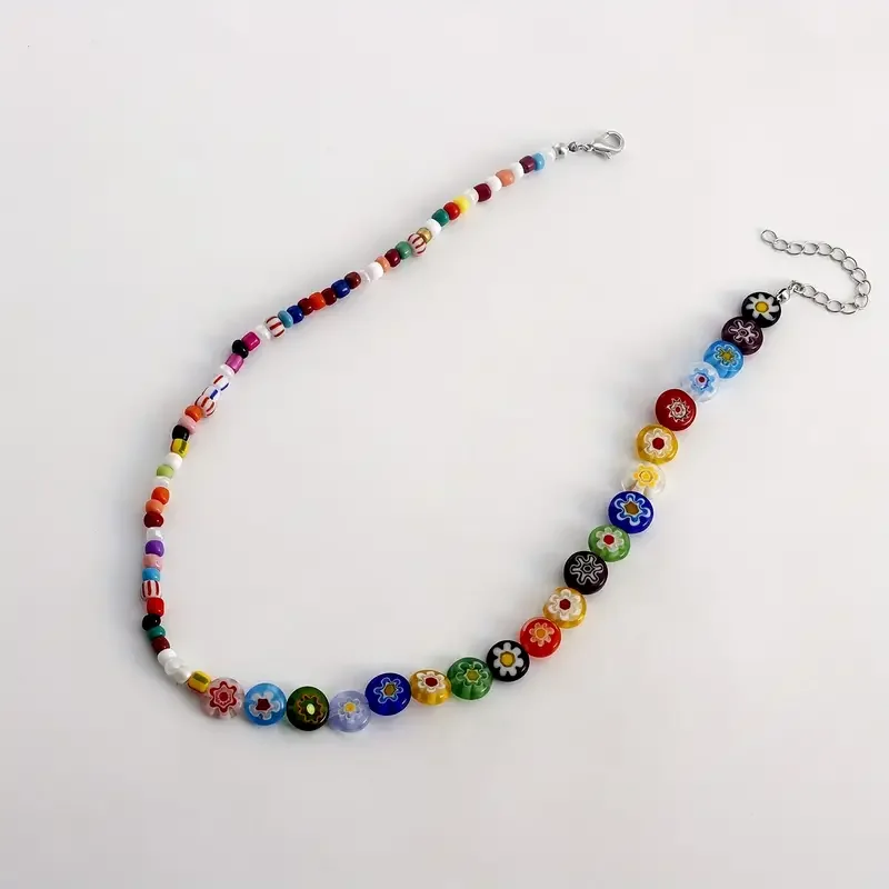 Multicolor Flower Glaze Beads Necklace Bohemia Rainbow Glass Beads Choker Jewelry For Party Birthday Gifts