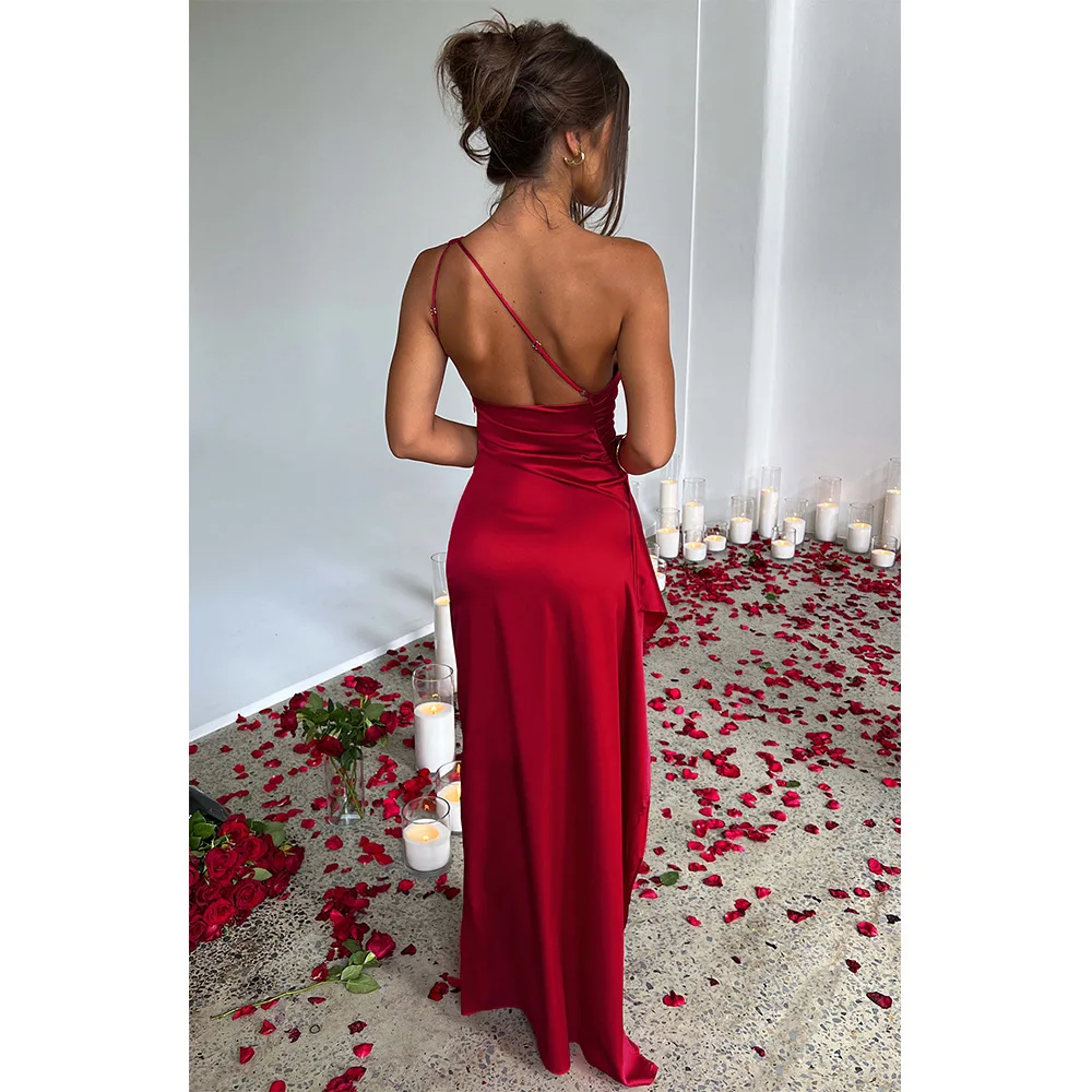 Women Elegant Party Red Dress Sexy Birthday Evening Wedding Bodycon Long Satin High Split Dress Women'S One Shoulder Dresses