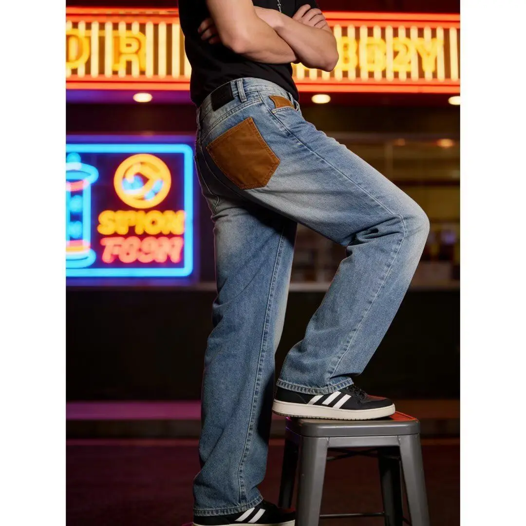 

Мужские джинсы с высокой талией, прямого кроя, синие, винтажные, в стиле High Street, из качественного денима, повседневные, прямые брюки