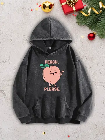 Peach Please Men's Heavyweight Hoodie - Acid Wash Retro Black Pullover, Fall & Winter Sweatshirt 400Gsm